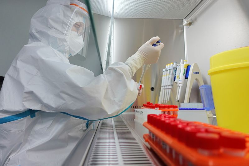 检验科PCR室工作人员在生物安全柜前处理核酸样本。摄影 唐克.jpg